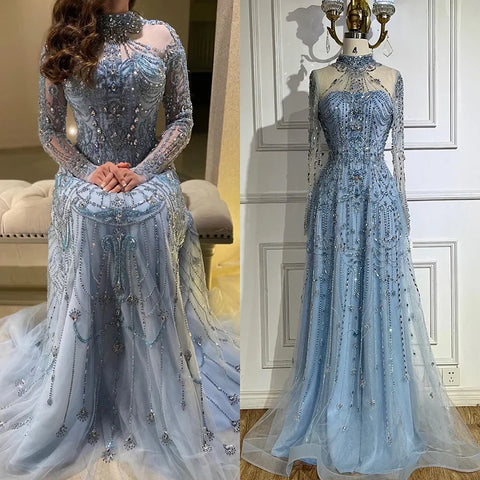 2025 Arabic A-Line Blue Lace Beaded Luxury Evening Gowns for Women's Party Dubai LA72704