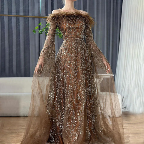 Off Shoulder Feathers Brown Evening Dress with Cape Sleeves LA72401