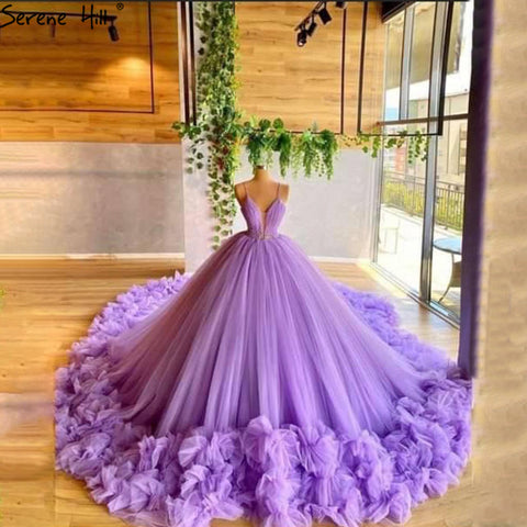 Purple Puffy Flowers Luxury Sleeveless Wedding Dresses 2025 Spaghetti Strap Sexy Tulle Bridal Gown HA2487