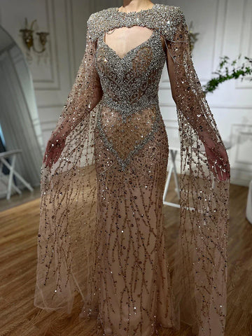 2025 Nude Mermaid Evening Dress with Beaded Crystal Removable Cape Sleeves Gown for Formal Occasion LA72539