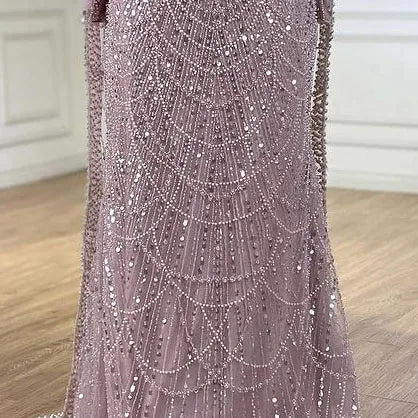 2025 Saudi Arabic Turquoise Mermaid Evening Dress With Pearls Beaded Cape Sleeves For Formal Occasion LA72590A