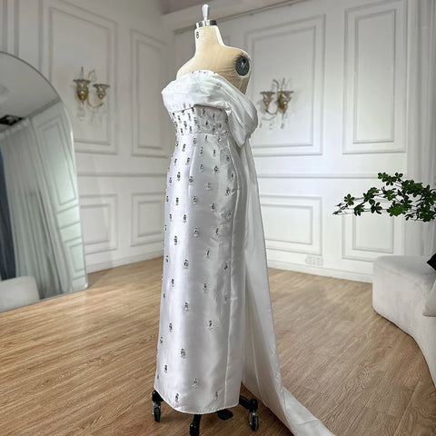 2025 Arabic Blue Beaded Crystal Ankle-Length Mermaid Satin Evening Dresses Gowns for Women Wedding Party LA72414A