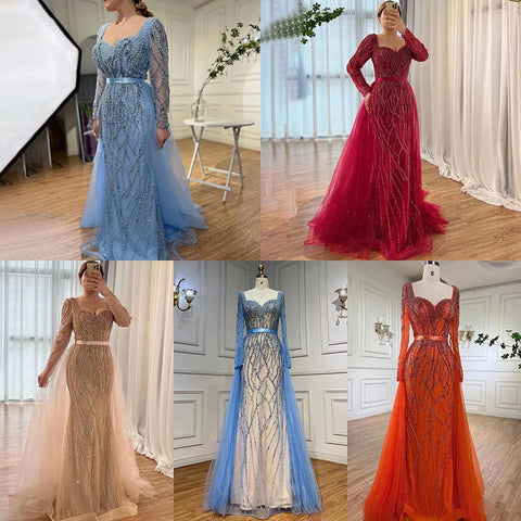 Vestidos de noche árabes elegantes con perlas y cuentas de lujo de sirena azul para mujer, ideales para bodas y fiestas LA71861 