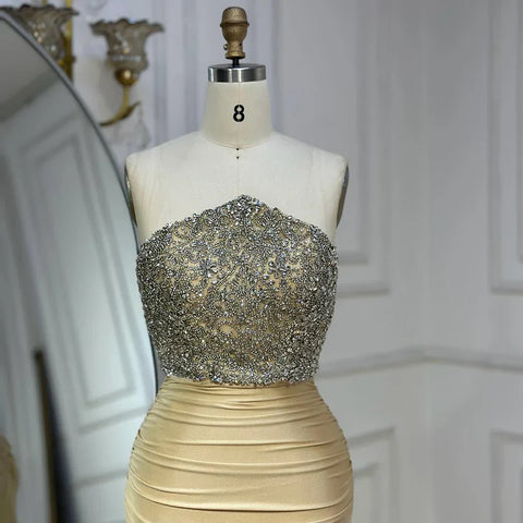 2025 Saudi Arabic Gold Elegant Strapless Evening Gown Crystal Beaded Dress for Formal Occasion LA72759