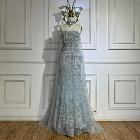 2025 Nude Beaded Spaghetti Strap Design Mermaid Evening Dresses Gowns with Long Cape for Formal Occasion LA72711