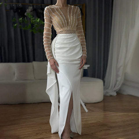 White Long Sleeves Mermaid Split Evening Dresses Design 2025 Beaded Luxury Elegant For Women Party LA71531