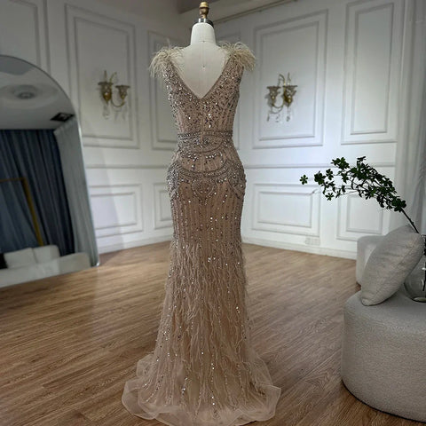 2025 Arabic Blue Elegant Split Mermaid Beaded Feathers Long Evening Dresses Gowns for Formal Occasion LA72742