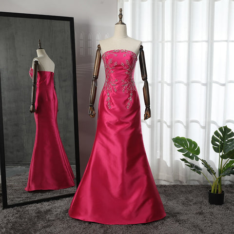 Vestidos de noche estilo sirena, corte sirena, sin tirantes, con chaqueta y cuentas, de satén fucsia árabe, para mujer, ideales para bodas y fiestas (LA71896) 