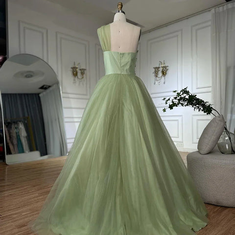 2025 Sage Green Elegant One-Shoulder A-Line Appliques Long Arabic Evening Gown for Formal Occasion LA72783