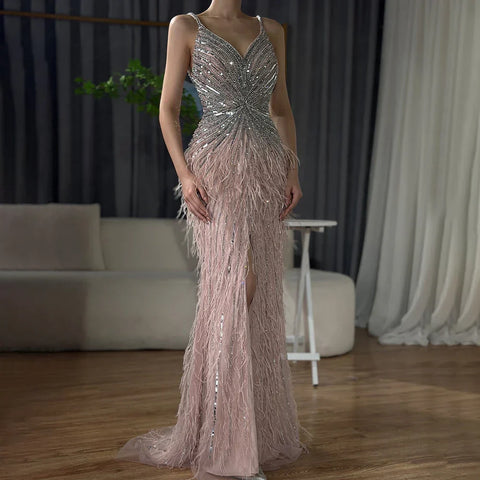 Robe de soirée sirène noire à bretelles spaghetti, fendue, plumes et perles, pour femme, tenue de mariage, 2025, LA70623 