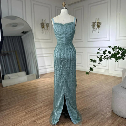 2025 Arabic Blue Spaghetti Strap Mermaid Gown Luxury Beaded Saudi Evening Dress for Formal Occasion LA72725