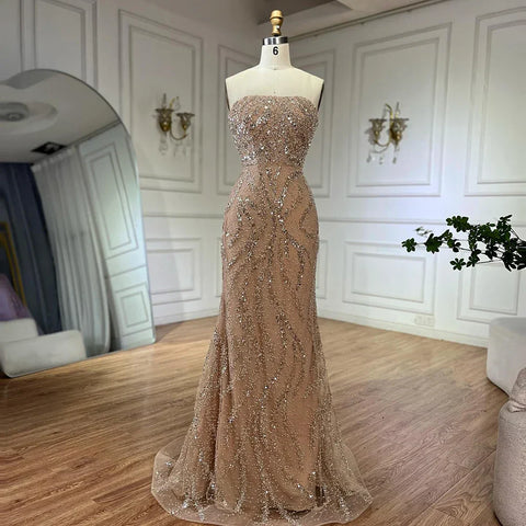 Nude Mermaid Evening Dresses Gowns with Detachable Cape Sleeves and Lace Up Back for Formal Occasion LA72824