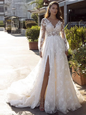 New Long Sleeves Vestidos De Novia Appliques Vestido De Noiva V-Neck Backless Wedding Dresses Lace Robe De Mariée