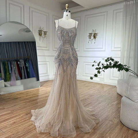 2025 Silver Nude Spaghetti Strap Mermaid Evening Dress Gown with Luxury Beaded Tassels for Formal Occasion LA72772
