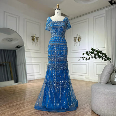 Arabic White Luxury Dubai Mermaid Evening Dress with Cap Sleeves LA72714