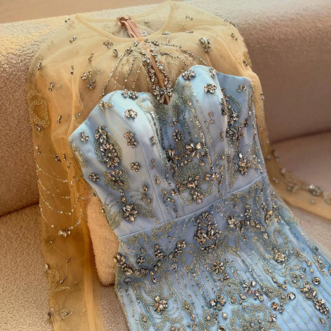 Luxury Beaded Blue Long Sleeves Evening Dresses with Overskirt  LA72757