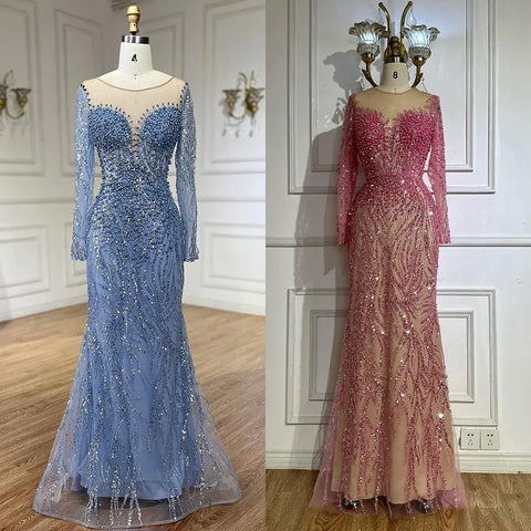 Blue Elegant Mermaid Dubai Arabia Luxury Beaded Pearls Evening Dresses Gowns 2025 For Women Wedding Party LA72264