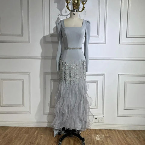 Arabic Gray Mermaid Elegant Ankle Length Beaded Satin Luxury Evening Dresses Gowns For Women Party 2025 LA72317