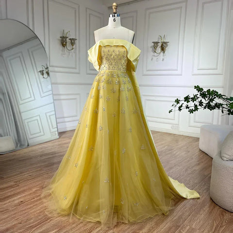 Vestido de noche largo de lujo árabe de Dubái, elegante, amarillo, con escote barco y cuentas, para mujer, para fiesta de boda, LA72531 