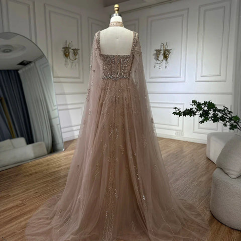 2025 Arabic Nude A Line Cape Sleeve Crystal Beaded Luxury Saudi Evening Dresses Gowns For Formal Occasion LA72764