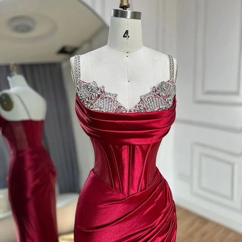 2025 Saudi Arabic Spaghetti Strap Wine Red Satin Evening Dress with High Slit for Formal Occasion LA72776