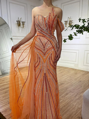 2025 Arabic Blue One Shoulder Luxury Dubai Evening Gown with Side Overskirt Beaded Dress for Women's Party LA72662