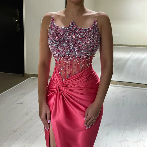 2025 Arabic Fuchsia Strapless Side Split Beaded Mermaid Luxury Dubai Evening Gown for Women's Party LA72671