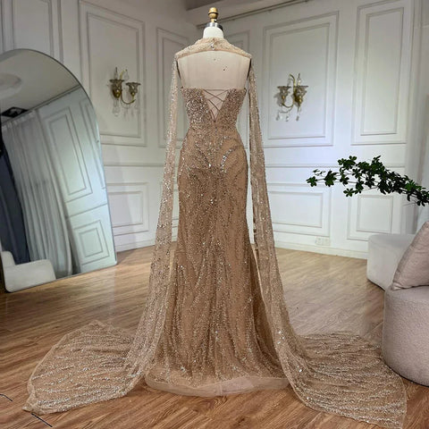 Nude Mermaid Evening Dresses Gowns with Detachable Cape Sleeves and Lace Up Back for Formal Occasion LA72824