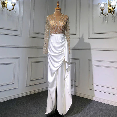 White Long Sleeves Mermaid Split Evening Dresses Design 2025 Beaded Luxury Elegant For Women Party LA71531