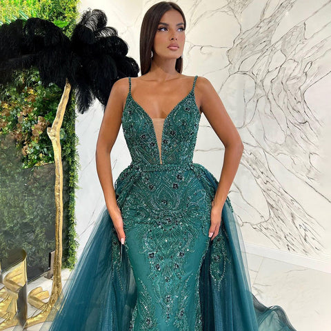 Falda verde desmontable, sexy, tirantes finos, vestido de noche, corte sirena, elegante, lujoso, con cuentas, para fiesta 2025 LA71363 