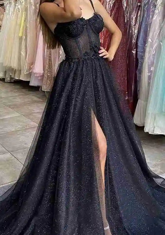 2025 Arabic Black A-Line Sweetheart Spaghetti Straps Tulle Glitter Prom Dress with Appliqué for Women's Party LA72689