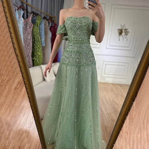 2025 Off The Shoulder A-Line Caramel Beaded Luxury Evening Dress for Formal Occasion Saudi LA72709