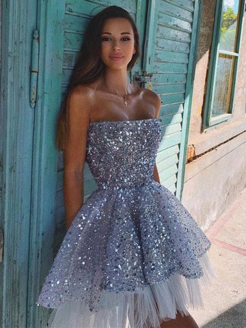 Robe de bal de promo en tulle à sequins scintillants, coupe trapèze, dos nu, S6497