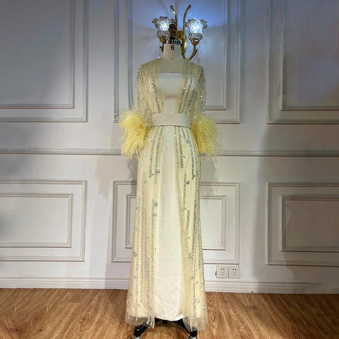 Robe de soirée style caftan marocain, ligne A, plumes et perles, couleur crème, avec veste, LA71759 