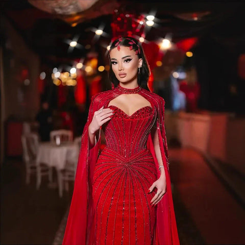 Red Luxury Beaded Mermaid Evening Gown with Cape Sleeves LA72811A