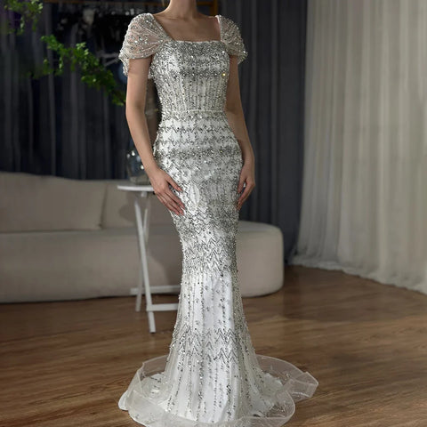 Arabic White Luxury Dubai Mermaid Evening Dress with Cap Sleeves LA72714