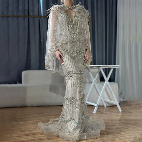 Nude Silver Mermaid V-Neck Sexy Evening Dresses 2025 Sleeveless Feathers Shawl Yarn Diamond Formal Dress LA70171B