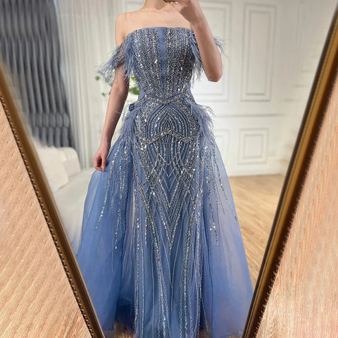 2025 Blue Mermaid Gown Luxury Feathers Beaded Saudi Evening Dress with Overlay Skirt for Formal Occasion LA72727