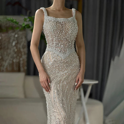 White Nude Spaghetti Strap Mermaid Evening Dresses Gowns Luxury Pearls Beaded For Women Wedding Party 2025 LA72266
