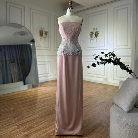 2025 Saudi Nude Pink Strapless Arabic Mermaid Evening Dresses Gowns Beaded Tassel for Occasion LA72804