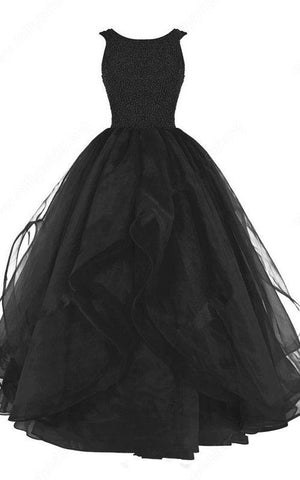 Black Ball Gown Scoop Neck Organza Sleeveless Beading Long Prom Dress S7467