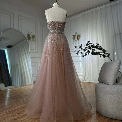 2025 Saudi Arabic Caramel Halter Beaded Tulle A-Line Evening Gown LA72863