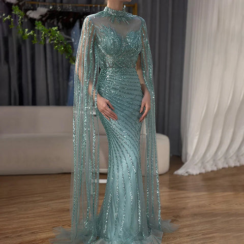 2025 Arabic Nude Mermaid Cape Sleeves Lace Beaded Long Evening Dresses Gowns for Formal Occasion LA71885B
