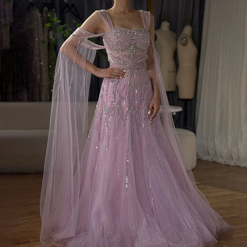 2025 pink Beaded Spaghetti Strap Design A-Line Evening Dresses Gowns with Cape Sleeves for Formal Occasion LA72726