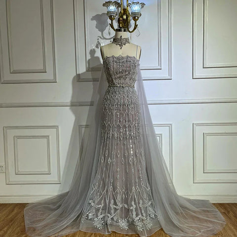 2025 Nude Beaded Spaghetti Strap Design Mermaid Evening Dresses Gowns with Long Cape for Formal Occasion LA72711