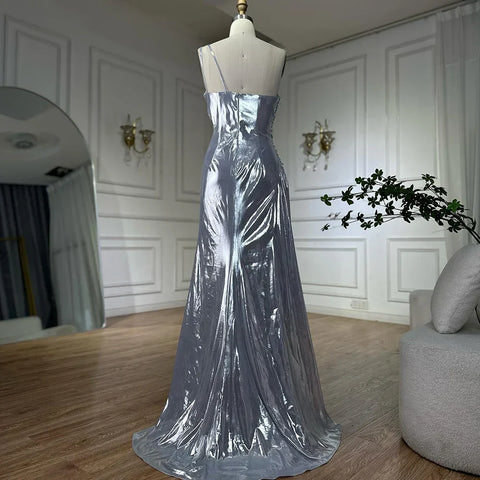 2025 Elegant Silver One-Shoulder Beaded Mermaid Luxury Dubai Evening Gown with Side Split for Women's Party LA72672