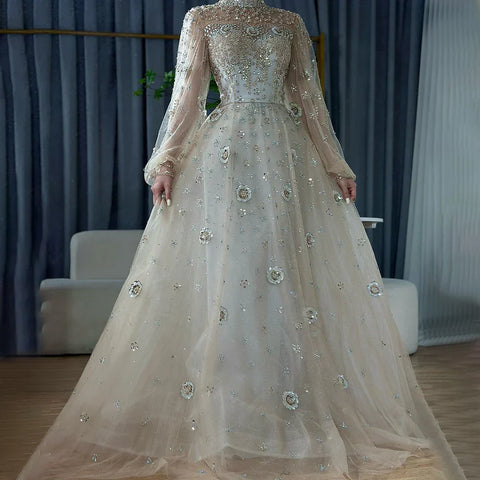 Muslim Nude A-Line Beaded Luxury Elegant Dubai Evening Gown Wedding Party LA72594