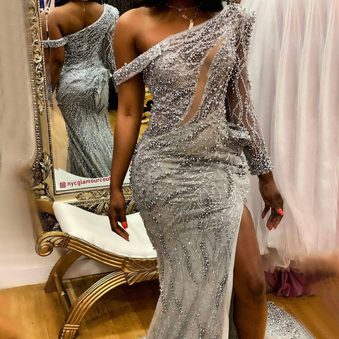 On Sale no return no refund Grey One Shoulder Luxury Evening Dresses Gowns 2025 Beaded Mermaid Elegant For Women Party LA71622