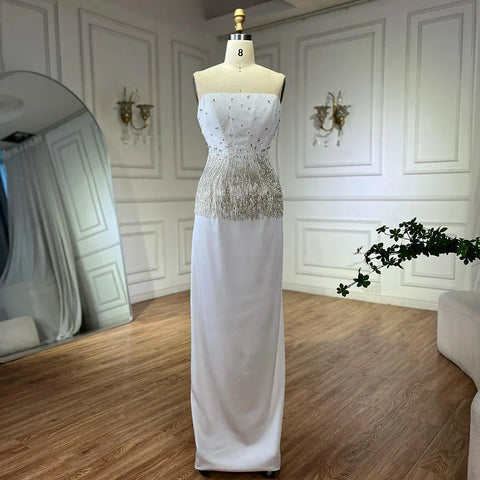 2025 Saudi Nude Pink Strapless Arabic Mermaid Evening Dresses Gowns Beaded Tassel for Occasion LA72804