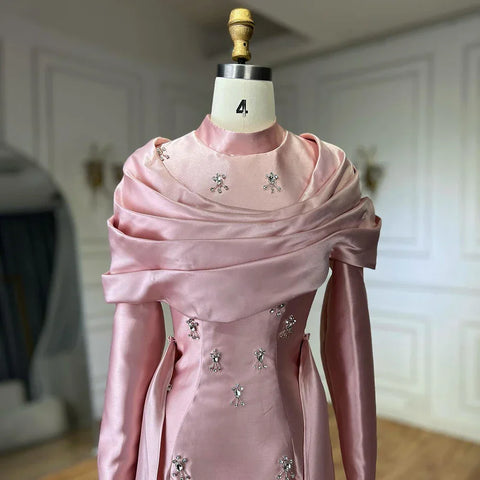 2025 Muslim Blue Mermaid Beaded Satin Luxury Saudi Evening Dress Gown Overlay Skirt for Formal Occasion LA72414M